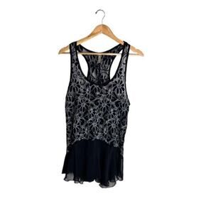 Entro Tank Applique Racerback Size Medium Black Silver Sheer Flirty Sexy